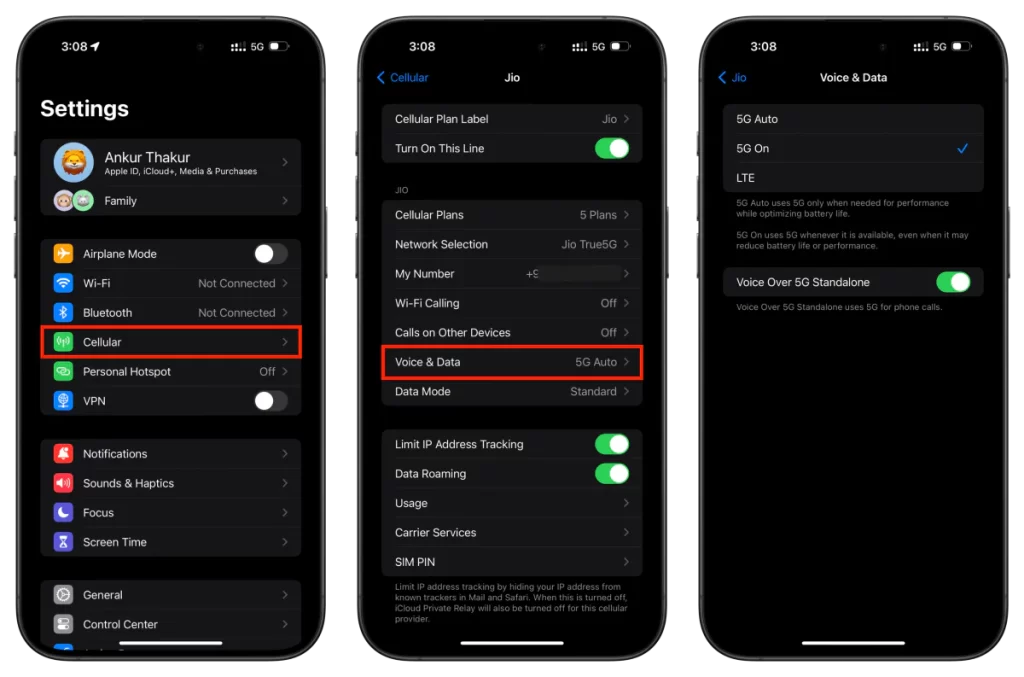 5G Iphone nustatymai